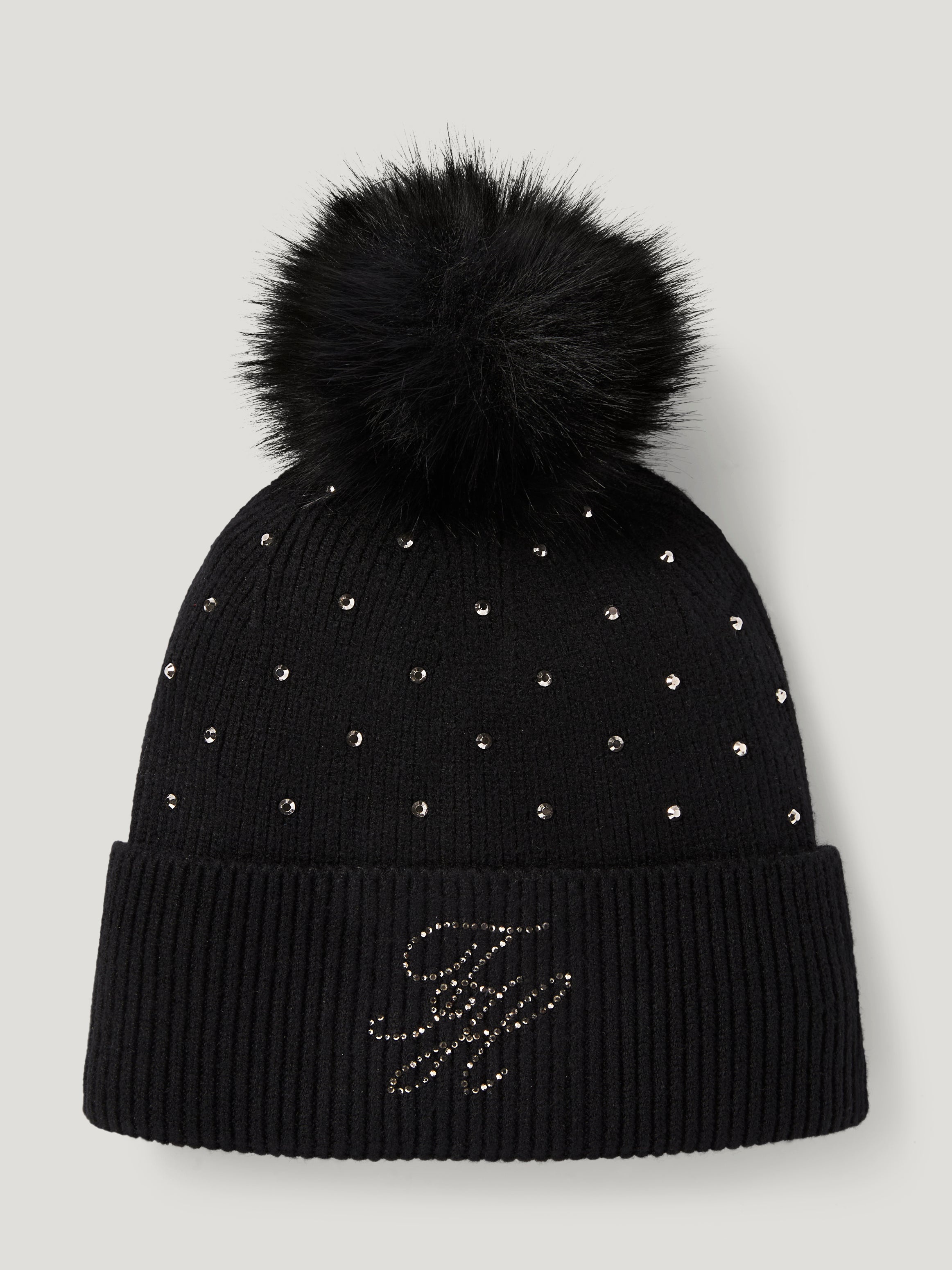 Daly Women Rhinestone Pom Pom Beanie BLACK