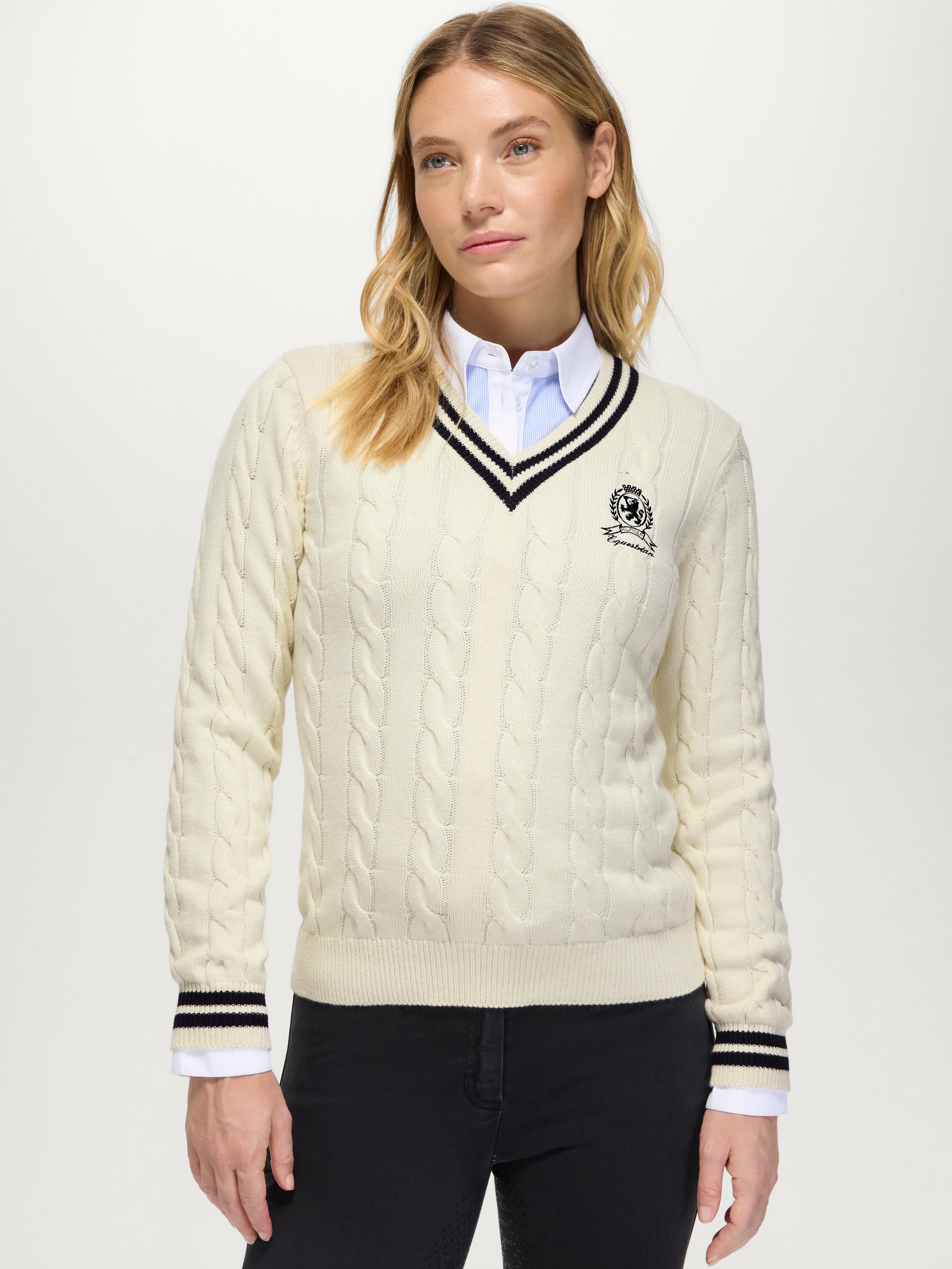 Roseville Women Cable V-neck Sweater ECRU
